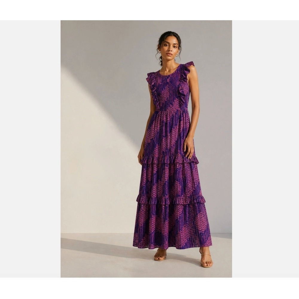 Banjanan Iris Smocked Tiered Maxi Dress Size S Navy Pink Boho Festival